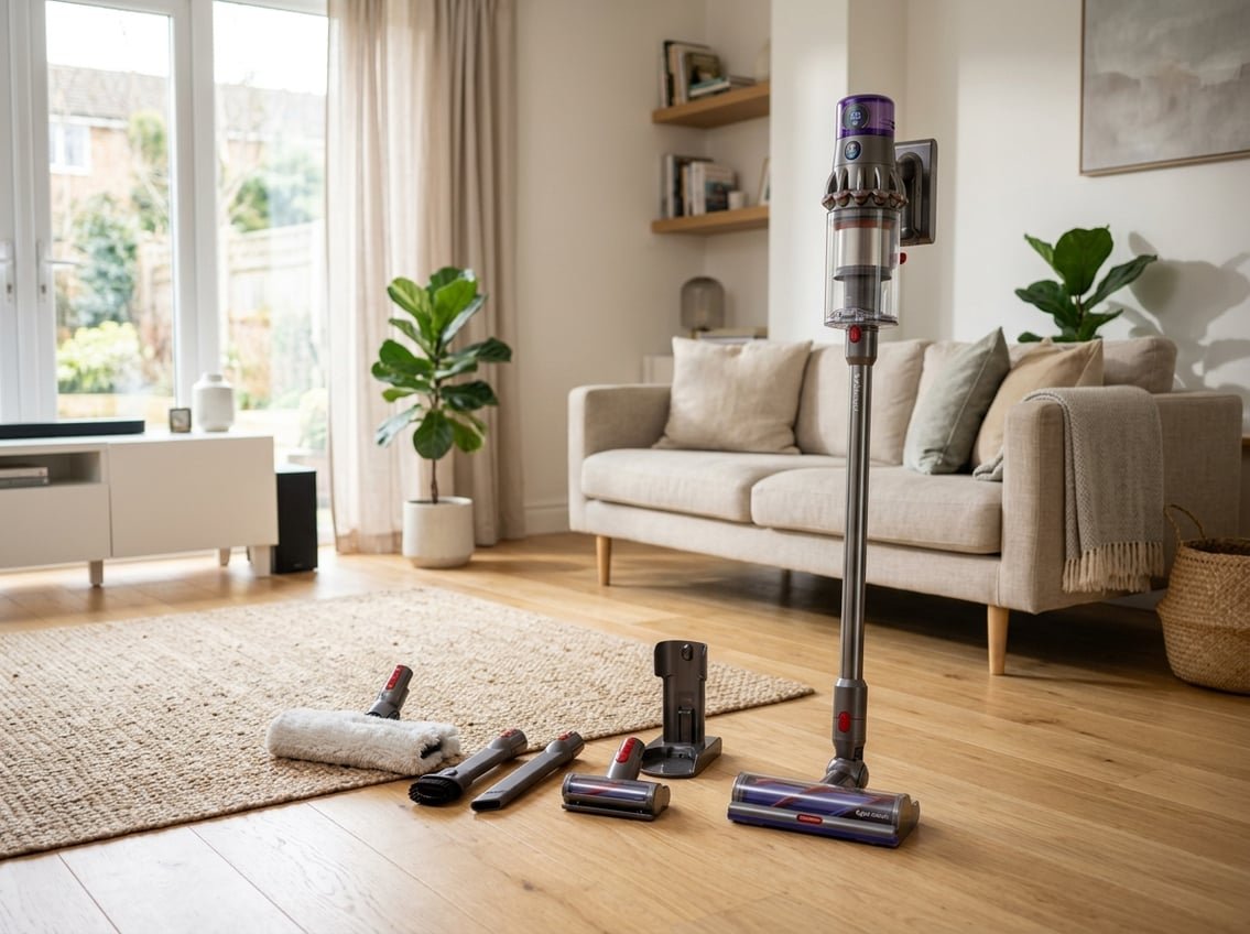 Aspirateur sans fil Dyson posé dans un salon lumineux et moderne avec des accessoires de nettoyage à côté.