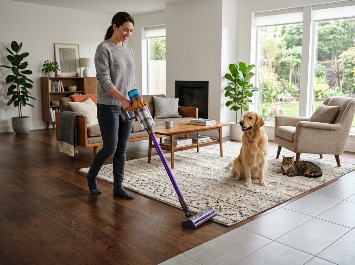 Une personne utilise un aspirateur Dyson sans fil dans un salon avec différents types de sols et des animaux domestiques à proximité.