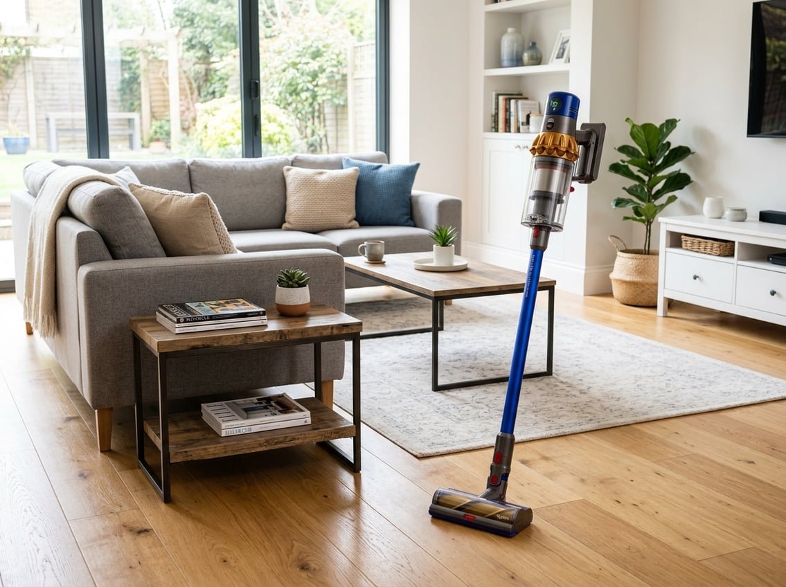 Un aspirateur Dyson sans fil posé sur un sol en bois dans un salon lumineux et bien rangé.