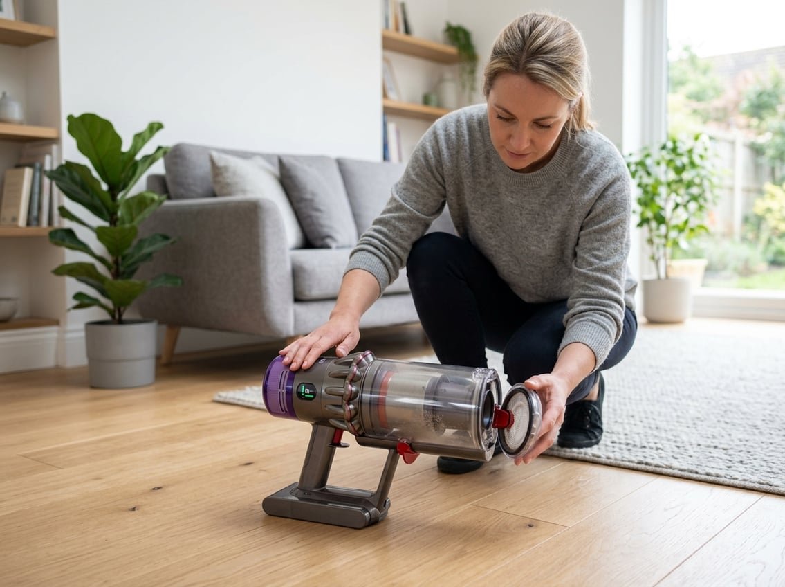 Un aspirateur Dyson sans fil moderne dans un salon lumineux, avec une personne vérifiant la batterie et l'entretien.