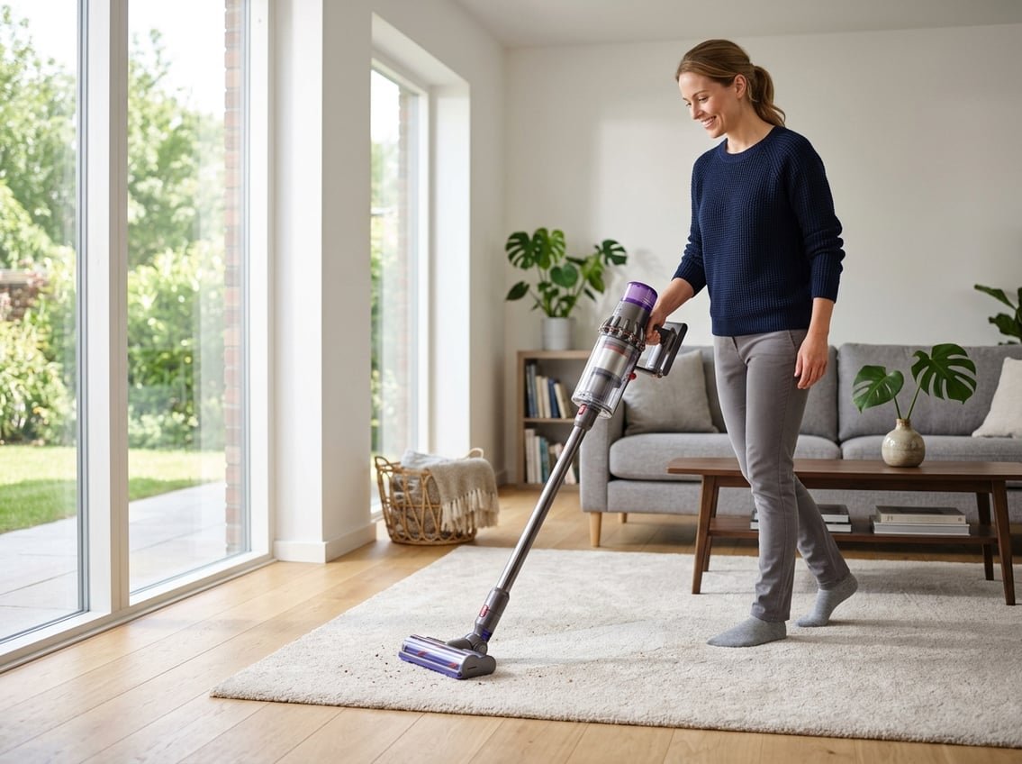 Personne utilisant un aspirateur sans fil Dyson dans un salon lumineux et moderne.