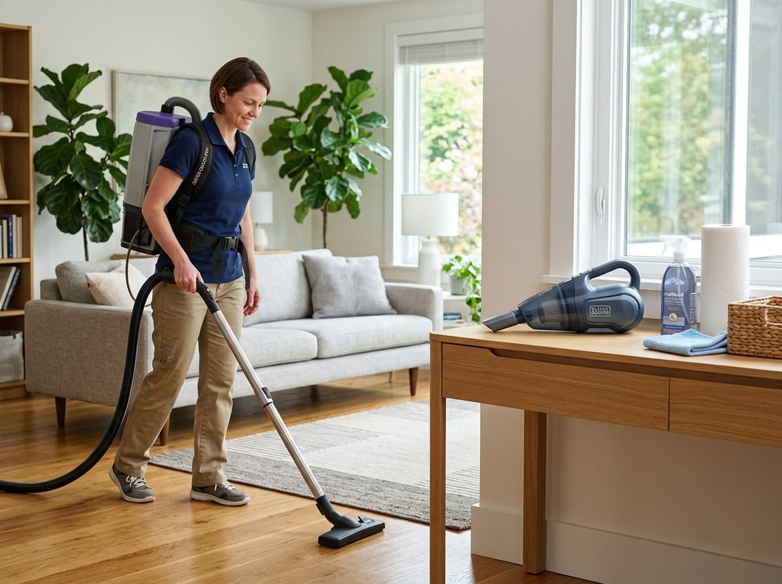 Agent d'entretien utilisant un aspirateur dorsal professionnel dans un couloir, avec harnais ajusté et flexible déployé.