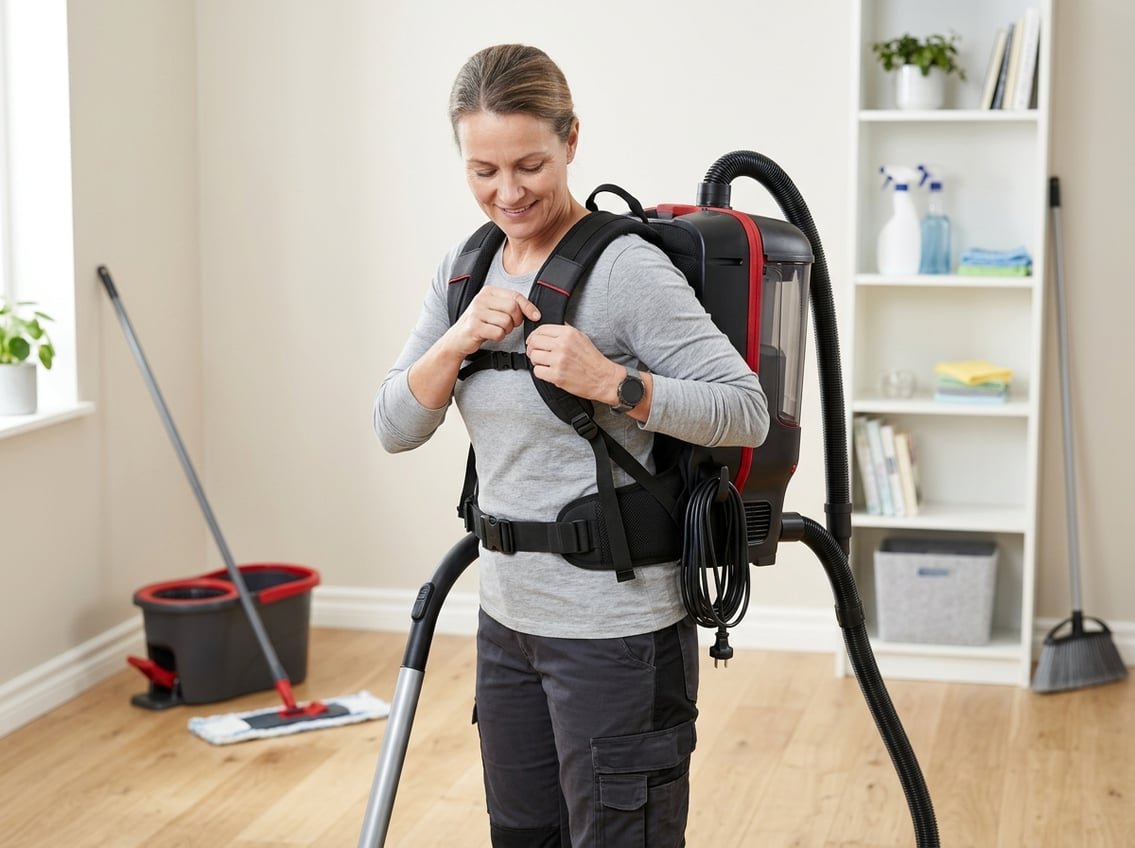 Aspirateur dorsal professionnel posé au sol, harnais déployé prêt à l'emploi.