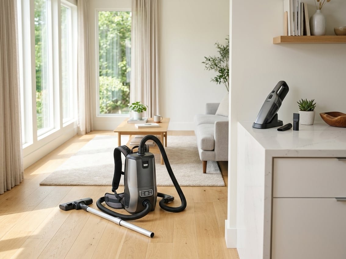 Plusieurs aspirateurs dorsaux professionnels alignés, modèles filaires et sur batterie.