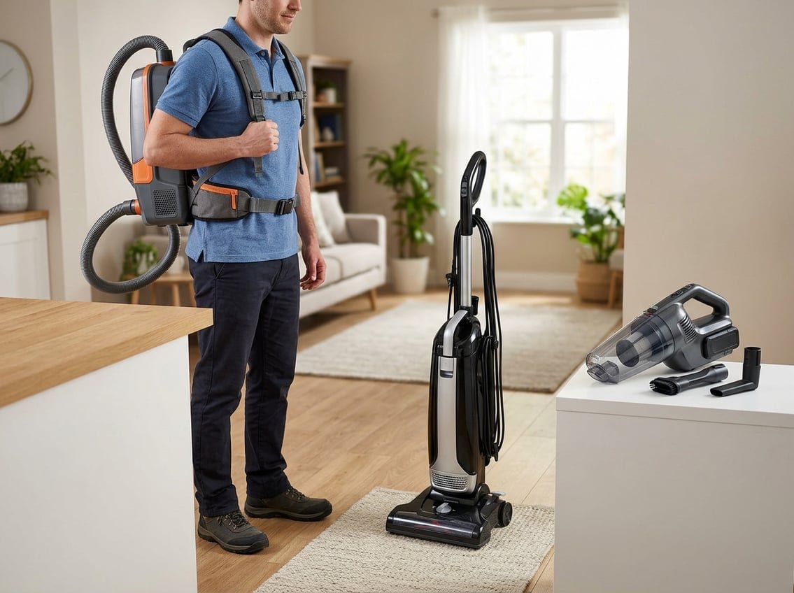 Comparaison entre un aspirateur dorsal filaire et un aspirateur dorsal sur batterie en usage professionnel.