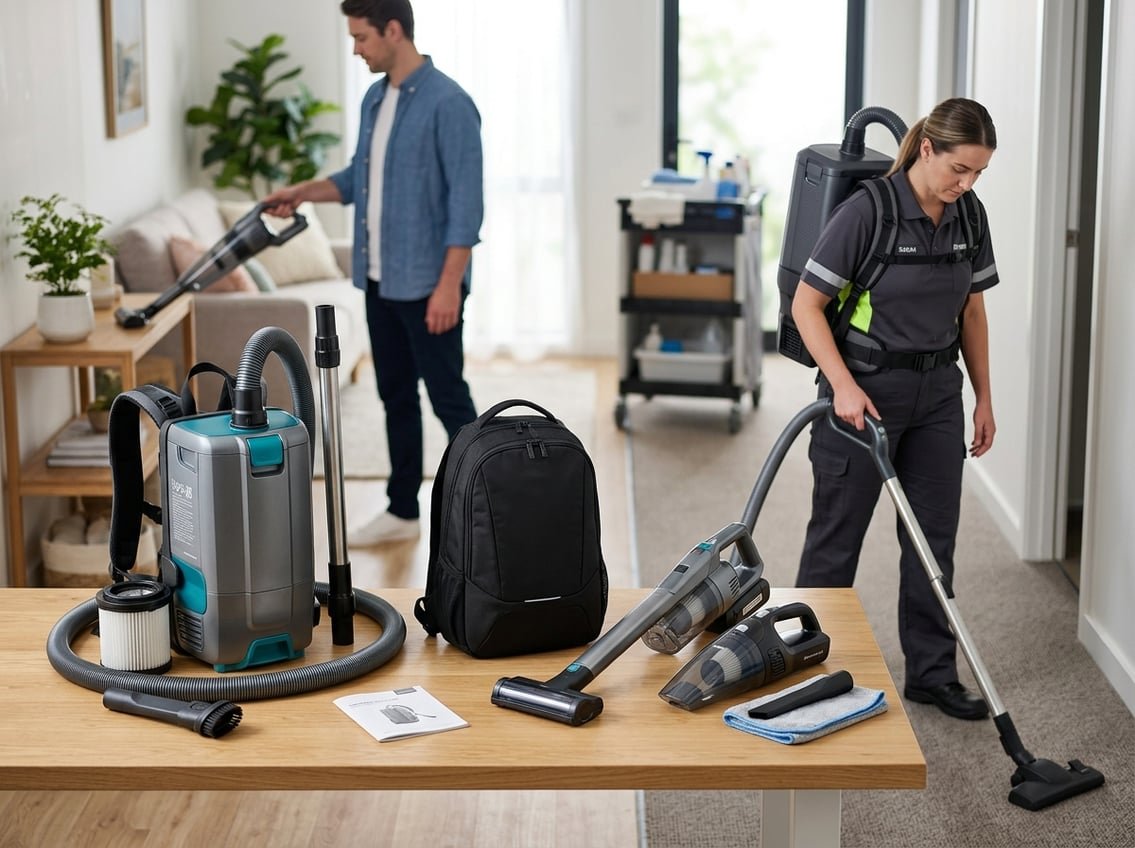 Détail du harnais d'un aspirateur dorsal professionnel, bretelles rembourrées et ceinture lombaire.