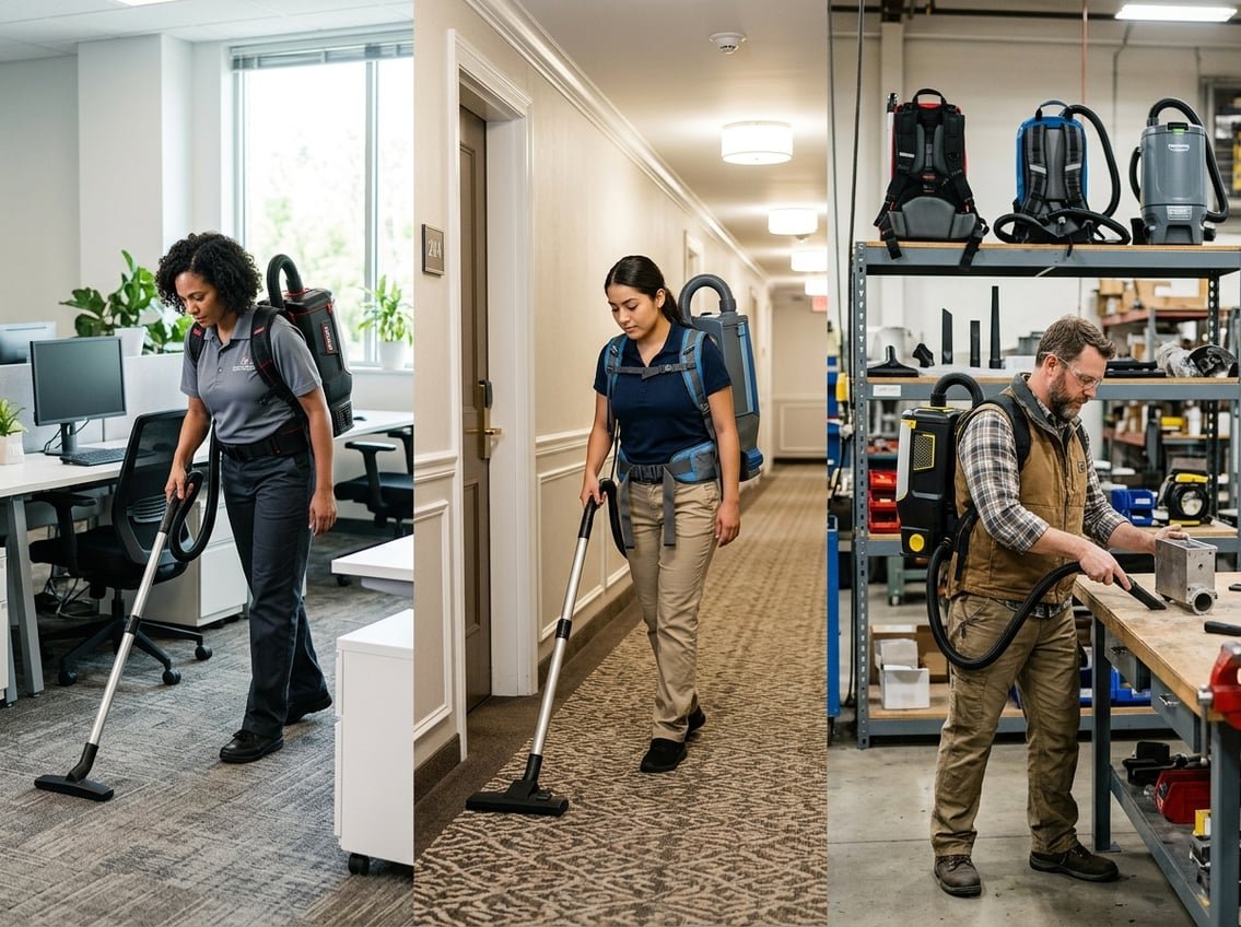 Différents professionnels utilisant des aspirateurs dorsaux dans des contextes variés : hôtel, transport, bureau.