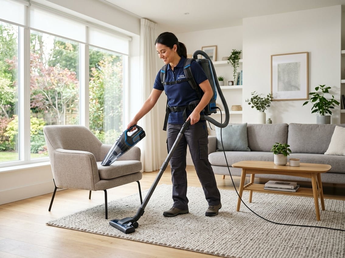 Aspirateur dorsal professionnel avec accessoires et consommables disposés à proximité.