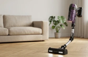 Aspirateur balai sans fil Rowenta X-Force Flex posé sur un parquet clair dans un salon contemporain, avec brosse Power LED Vision allumée