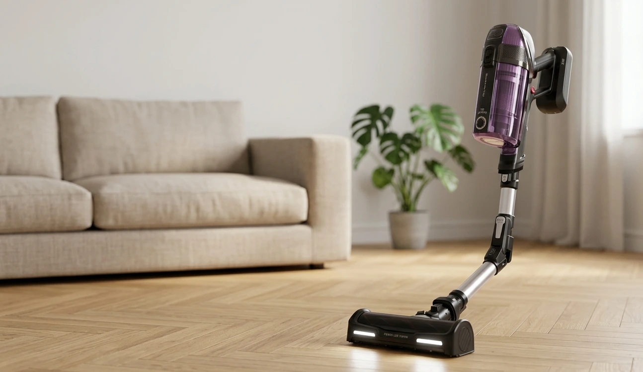 Aspirateur balai sans fil Rowenta X-Force Flex posé sur un parquet clair dans un salon contemporain, avec brosse Power LED Vision allumée
