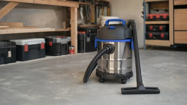 Aspirateur sans fil Metabo de type compact utilisé dans un petit atelier