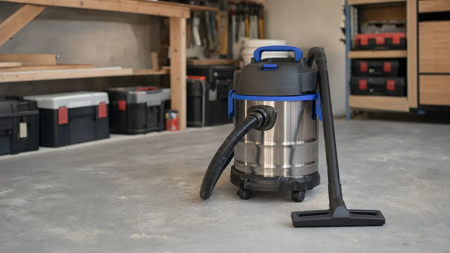 Aspirateur sans fil Metabo de type compact utilisé dans un petit atelier