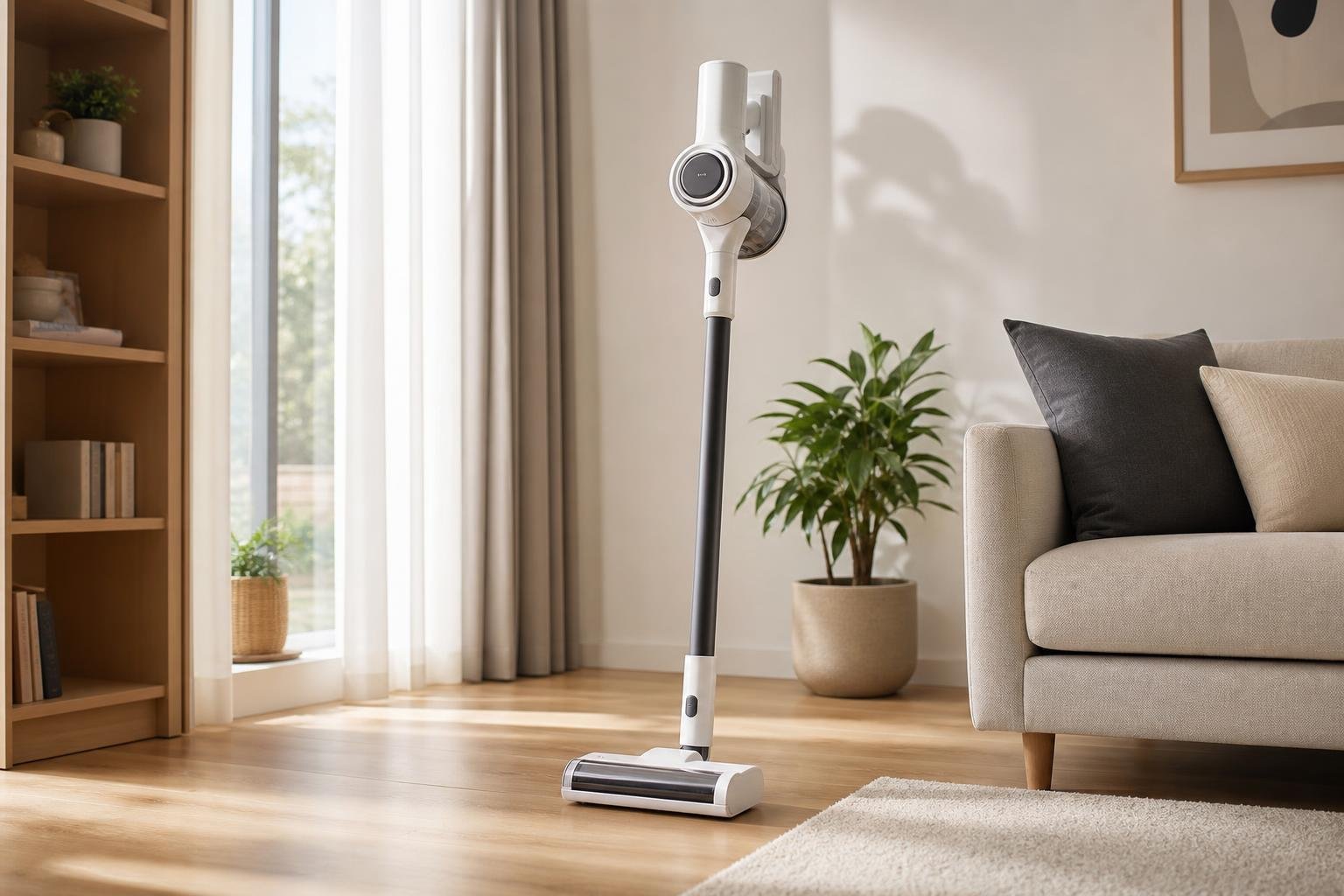 Aspirateur balai sans fil moderne posé contre un canapé clair dans un salon contemporain