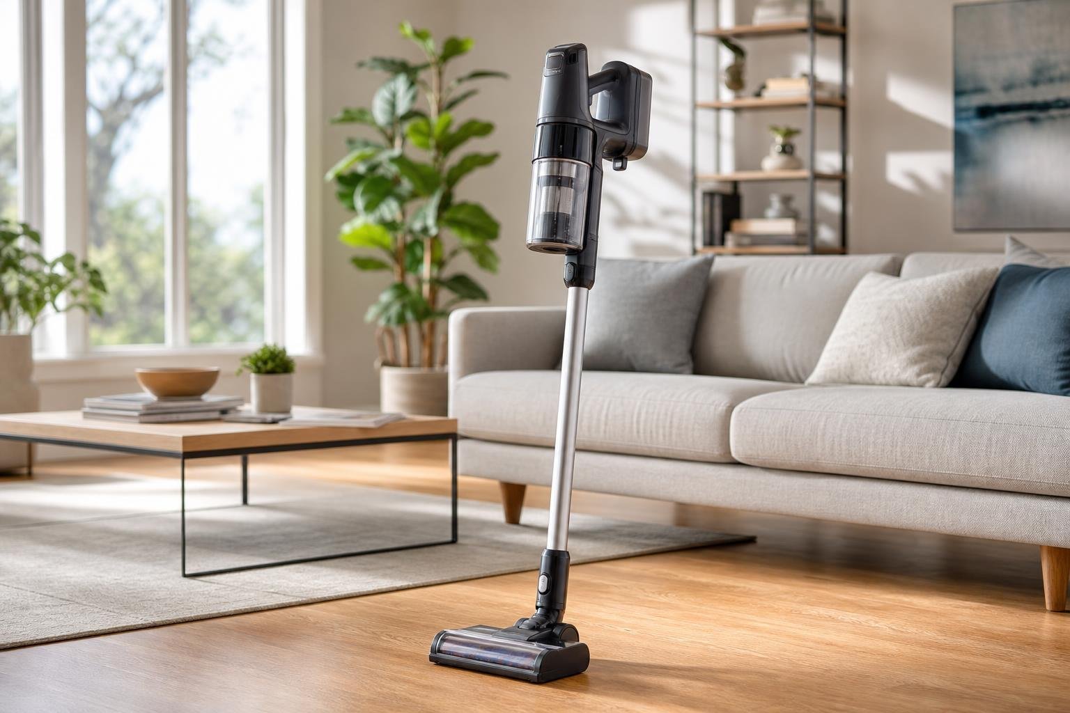 Vue rapprochée d'un aspirateur balai sans fil rangé en position parking sur un sol en parquet
