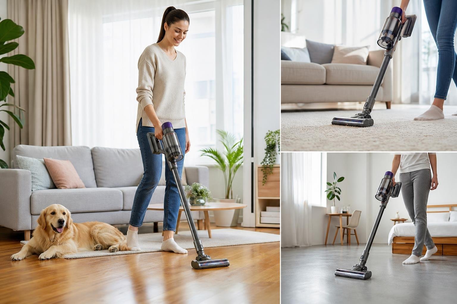 Aspirateur balai sans fil utilisé tour à tour sur parquet, tapis et carrelage dans plusieurs pièces