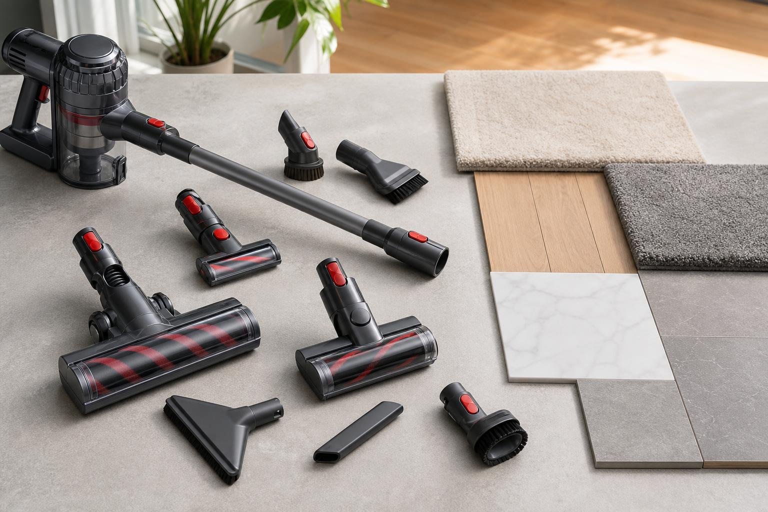 Brosse motorisée, mini-brosse, suceur long et embout textile d'aspirateur balai posés sur une table