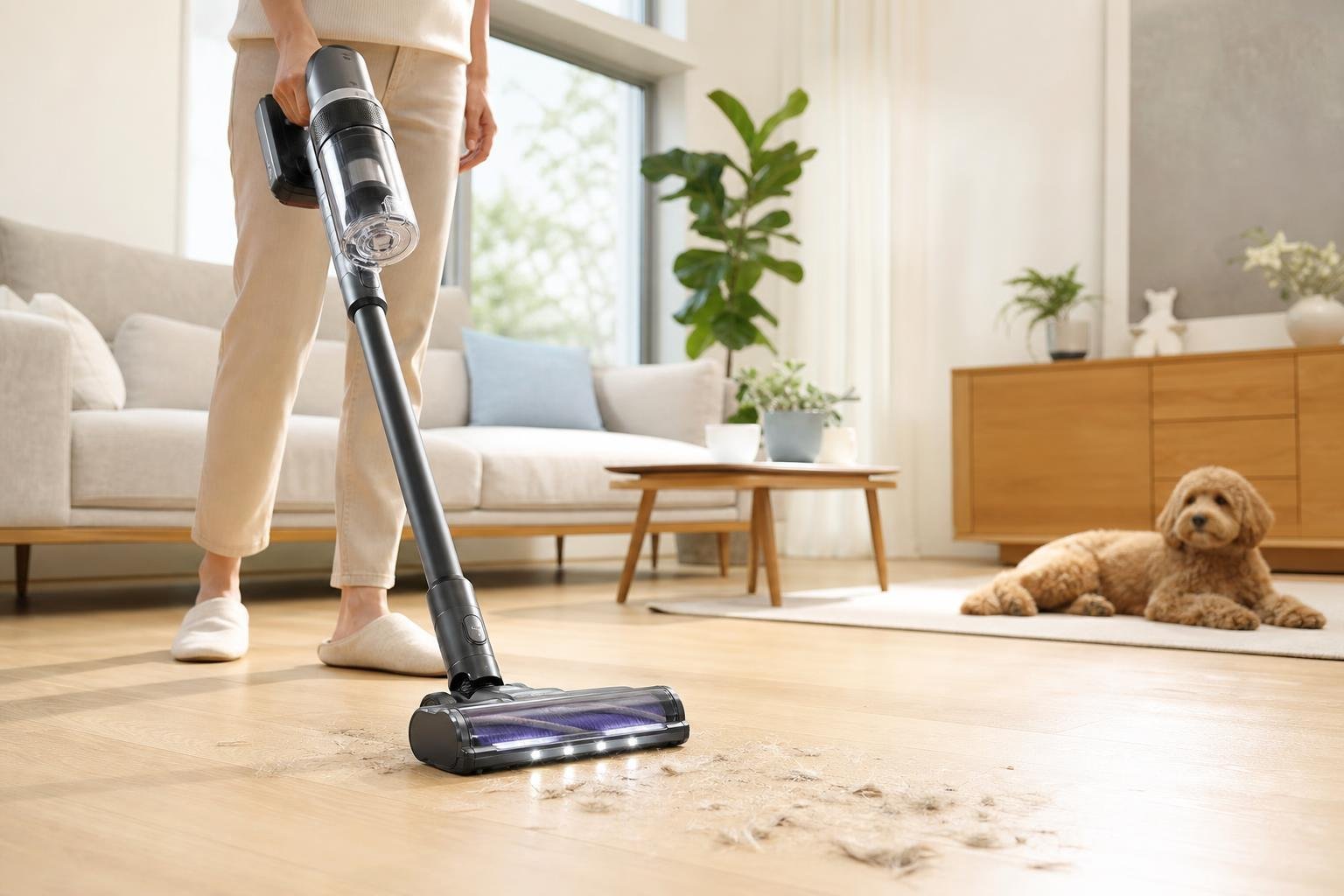 Aspirateur balai sans fil ramassant des poils de chat sur un parquet à proximité d'un animal