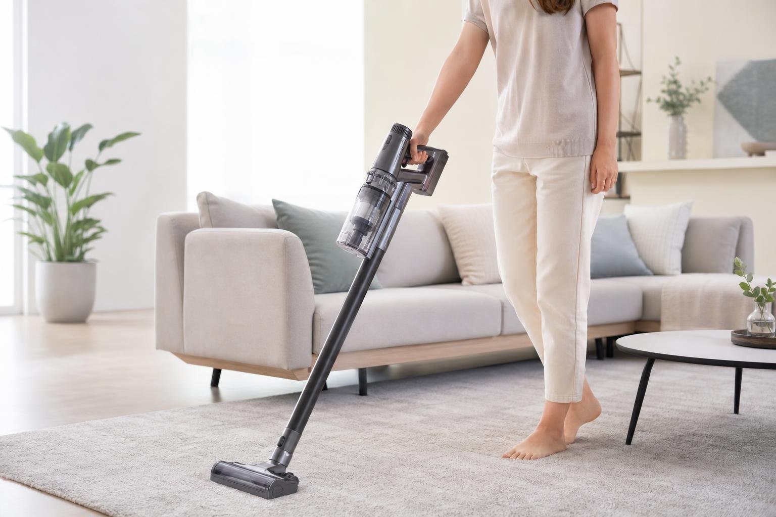 Personne soulevant un aspirateur balai sans fil léger pour aspirer en hauteur près d'une étagère