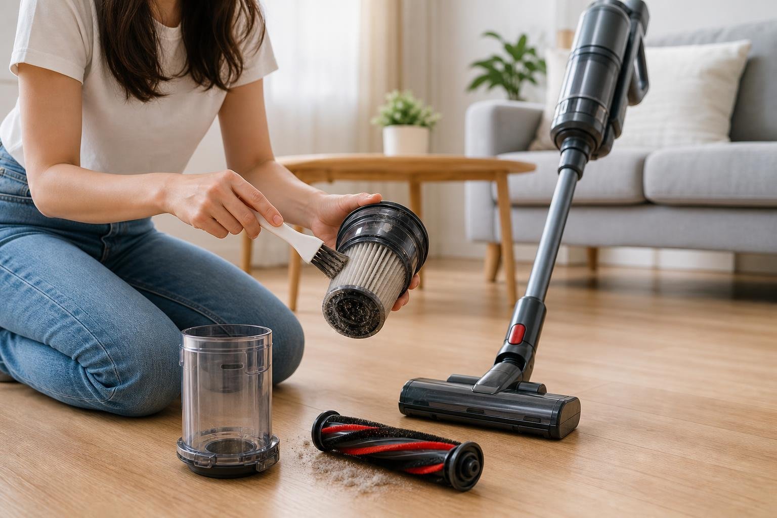 Mains rinçant le filtre cylindrique d'un aspirateur balai sans fil sous l'eau claire