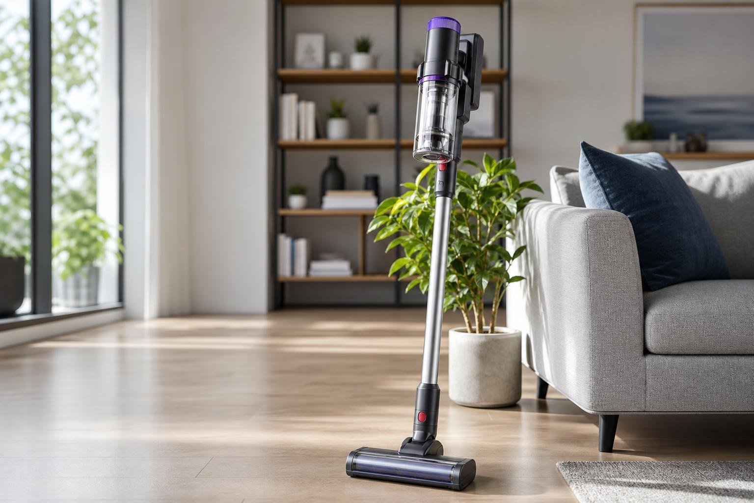 Checklist papier à côté d'un aspirateur balai sans fil pour vérifier les critères avant achat