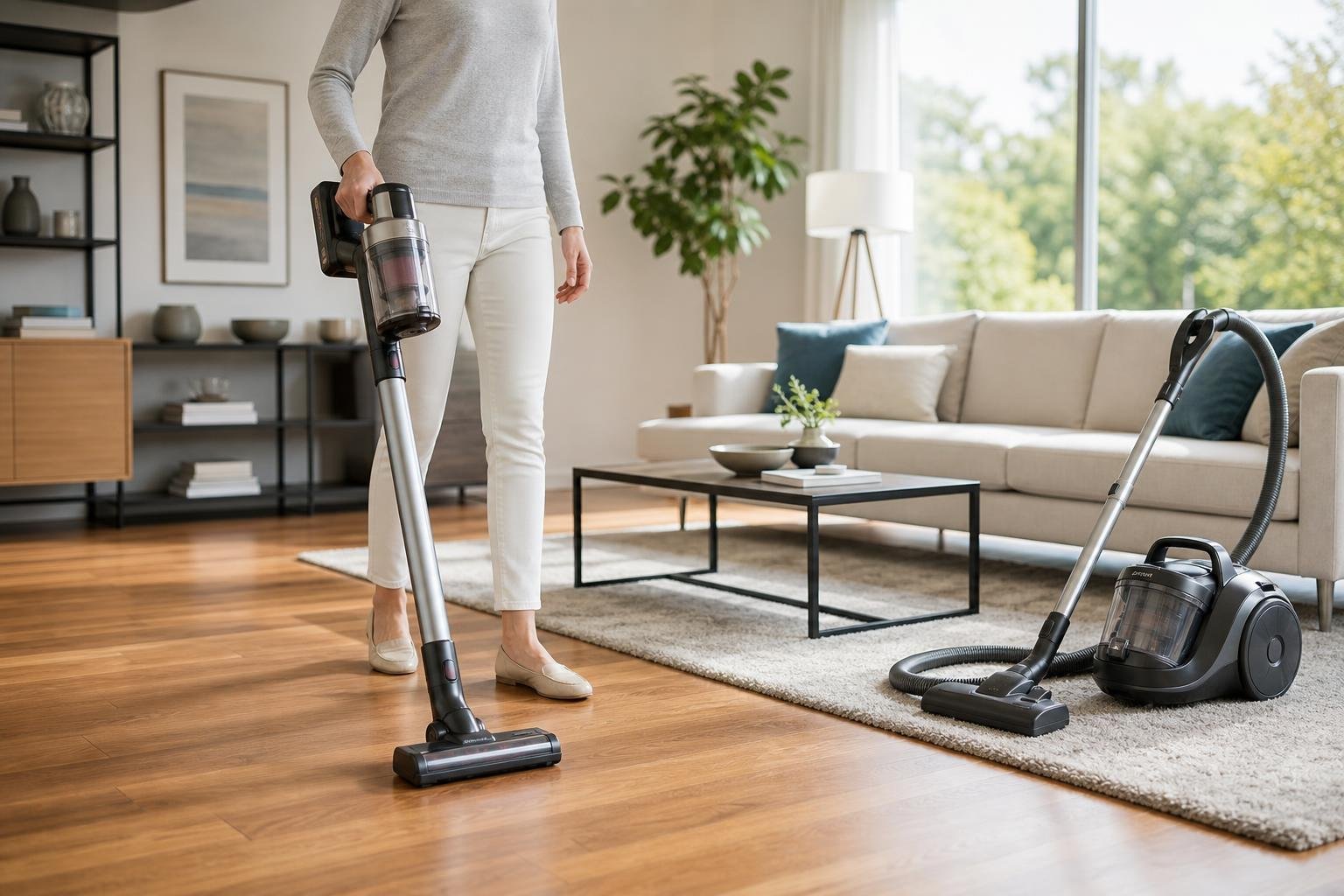 Aspirateur balai sans fil et aspirateur traîneau classique posés côte à côte dans un salon