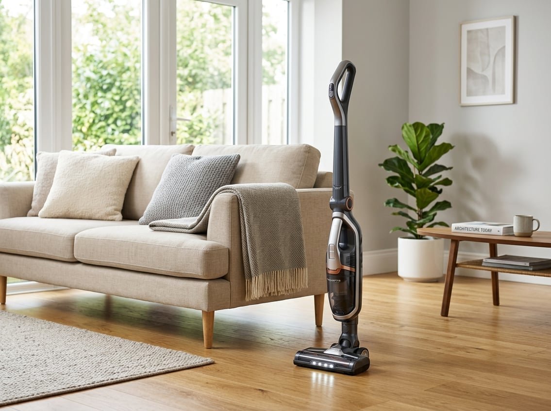 Un aspirateur sans fil Rowenta posé sur un sol en bois dans un salon lumineux et moderne avec un canapé et des plantes.