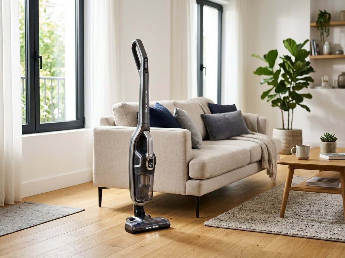 Un aspirateur sans fil Rowenta moderne posé dans un salon lumineux avec un sol en bois et des meubles contemporains.