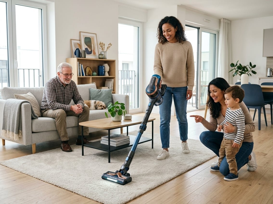 Un aspirateur sans fil Rowenta moderne dans un salon lumineux avec plusieurs personnes de différents âges autour, montrant son utilisation et sa polyvalence.