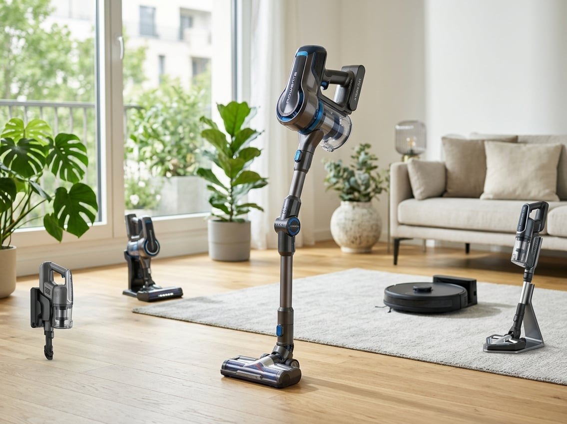 Un aspirateur sans fil moderne posé dans un salon lumineux et épuré avec des éléments suggérant différentes fonctionnalités et modèles.