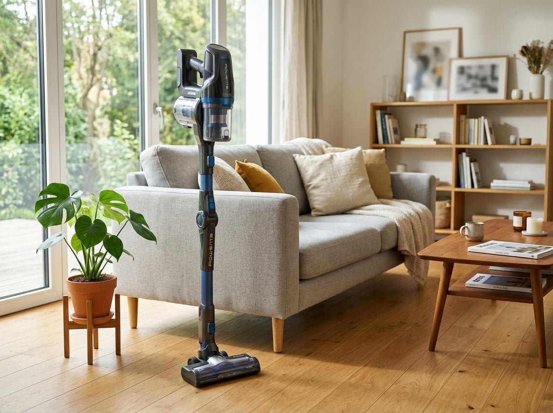 Un aspirateur sans fil Rowenta moderne posé dans un salon lumineux avec un canapé, une plante et un sol en bois.
