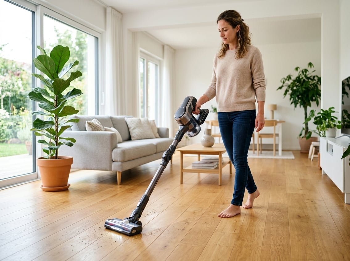 Une personne utilise un aspirateur sans fil dans un salon lumineux et moderne avec un sol en bois et des plantes vertes.