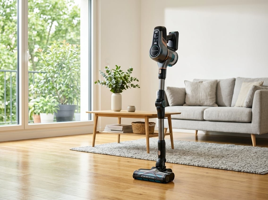 Un aspirateur sans fil Rowenta posé dans un salon lumineux avec un sol en bois et des meubles modernes.