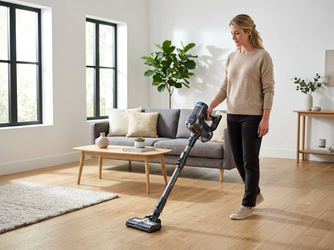 Personne utilisant un aspirateur sans fil Rowenta dans un salon lumineux et propre.