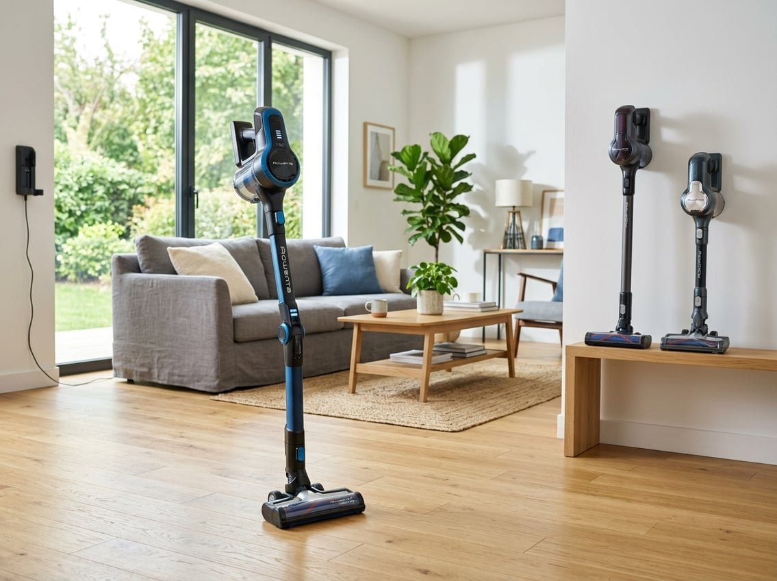 Un aspirateur sans fil Rowenta posé dans un salon lumineux avec plusieurs modèles exposés côte à côte sur une table, entouré d'un intérieur propre et moderne.