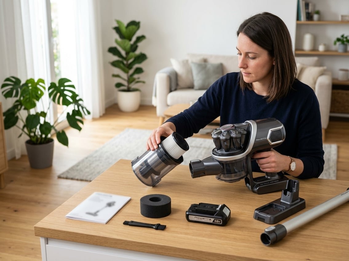 Personne effectuant l'entretien d'un aspirateur Rowenta sans fil avec des pièces détachées et des filtres sur une table dans un intérieur lumineux.