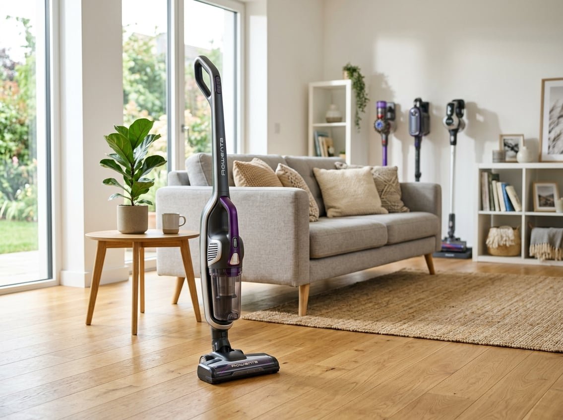 Un aspirateur sans fil Rowenta posé dans un salon lumineux et propre avec des meubles modernes et d'autres aspirateurs en arrière-plan.