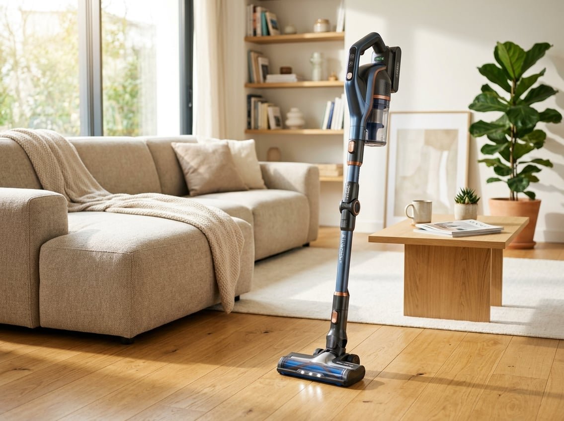 Aspirateur sans fil Rowenta posé dans un salon lumineux et moderne avec un sol en bois et un canapé en arrière-plan.