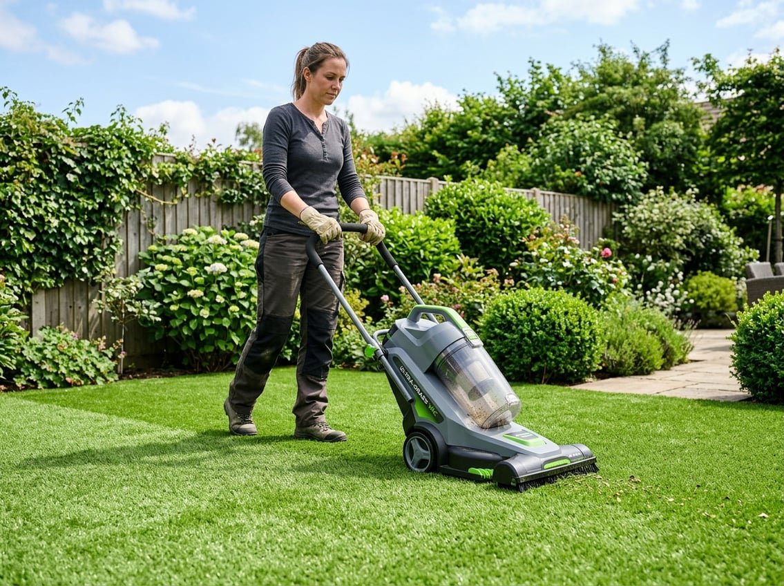 Un aspirateur pour gazon synthétique utilisé sur une pelouse artificielle bien entretenue dans un jardin ensoleillé.
