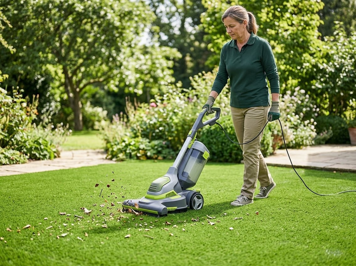 Une personne utilise un aspirateur spécialisé pour gazon synthétique sur une pelouse artificielle propre et bien entretenue dans un jardin ensoleillé.