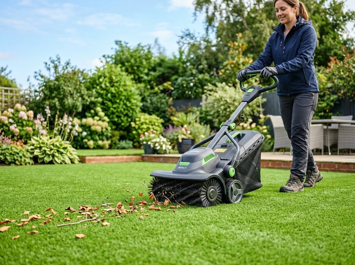Une personne utilise un aspirateur spécialisé pour nettoyer une pelouse synthétique dans un jardin ensoleillé.