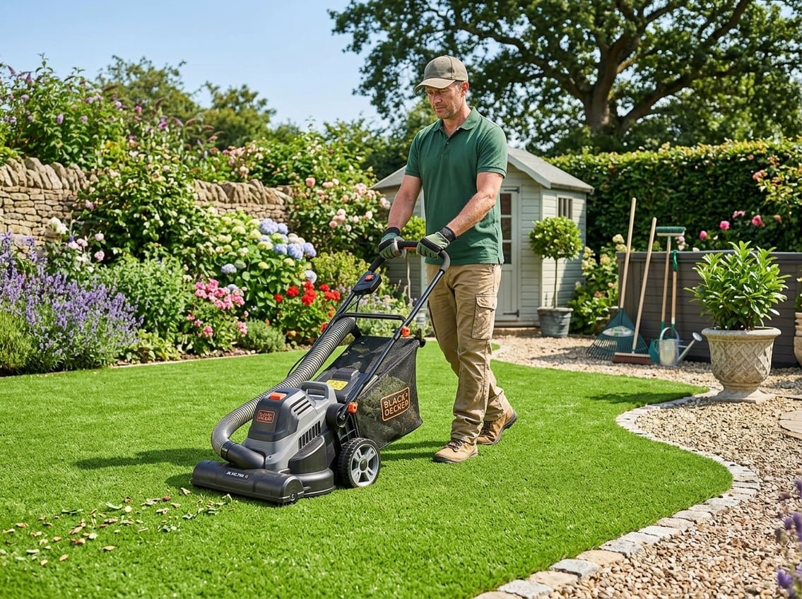 Une personne nettoie une pelouse en gazon synthétique avec un aspirateur de jardin dans un jardin ensoleillé.