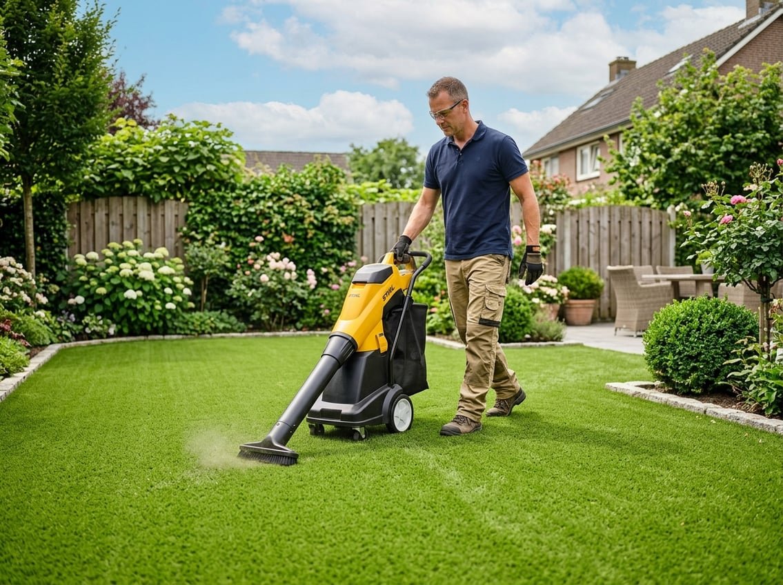 Personne utilisant un aspirateur pour pelouse synthétique dans un jardin résidentiel ensoleillé.