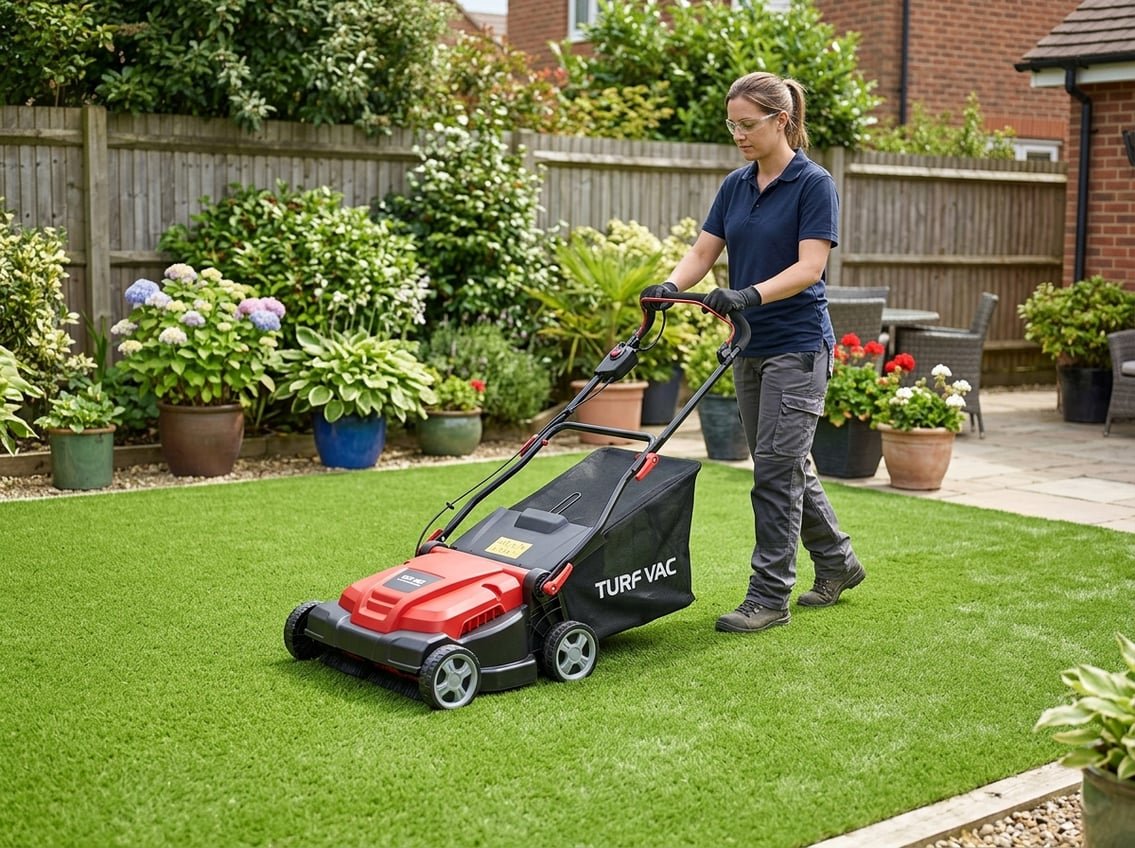 Personne utilisant un aspirateur sur une pelouse artificielle propre dans un jardin.