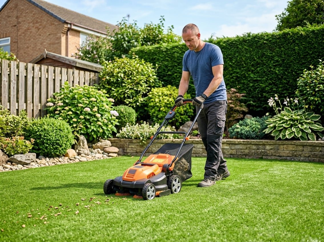 Une personne utilise un aspirateur spécial pour entretenir une pelouse en gazon synthétique dans un jardin bien entretenu.