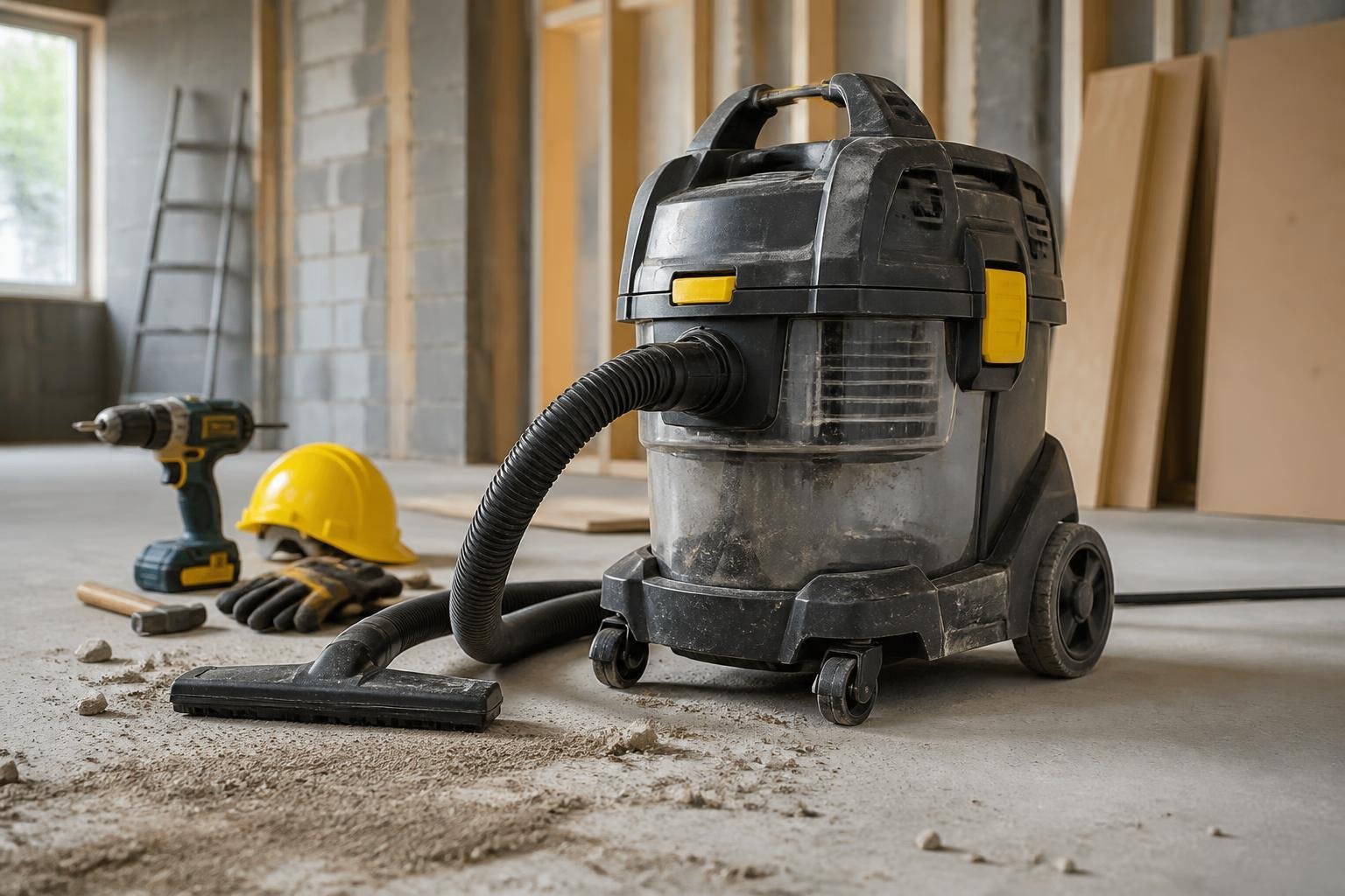 Aspirateur de chantier posé sur un sol en béton avec des outils de construction et un casque de sécurité dans un atelier lumineux.
