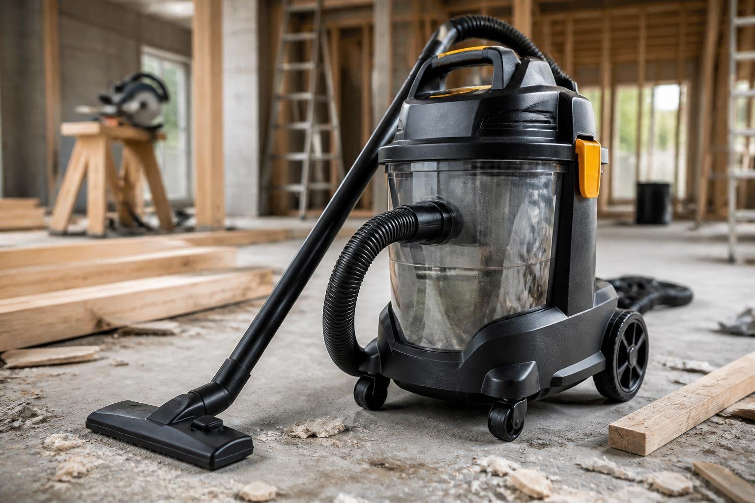 Aspirateur de chantier posé sur un sol avec des matériaux et des débris de construction autour.