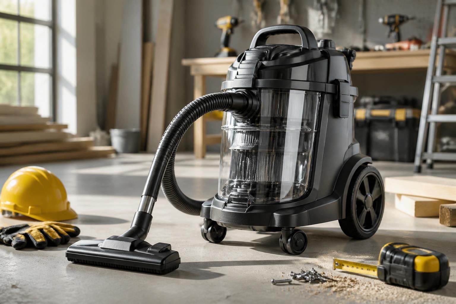 Aspirateur de chantier placé dans un atelier avec des outils de construction autour.