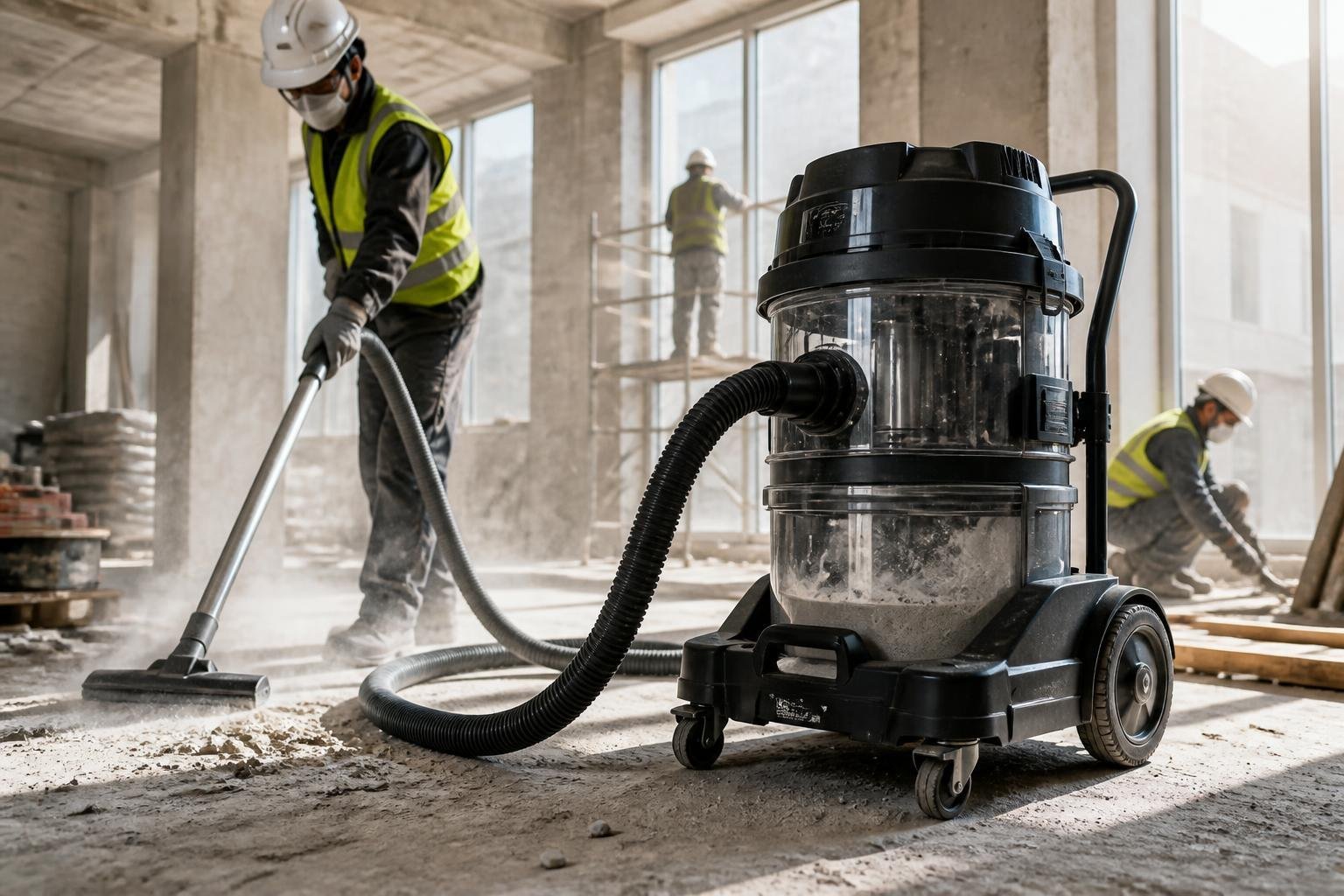 Aspirateur de chantier en fonctionnement sur un chantier avec des particules de poussière visibles dans l’air.