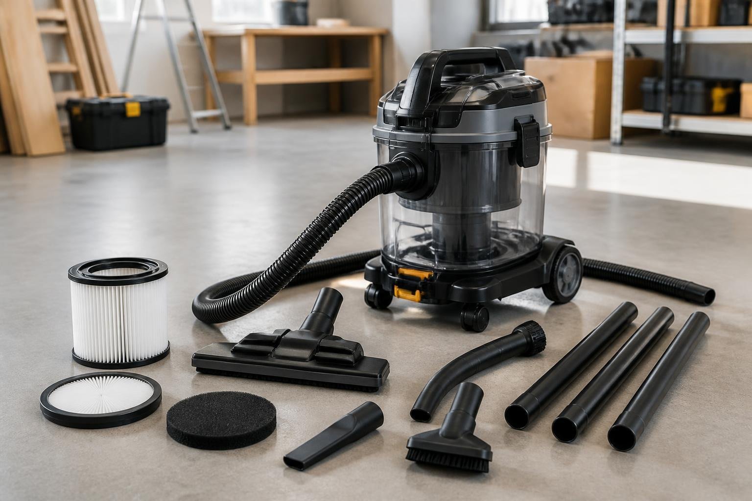 Aspirateur de chantier avec accessoires et filtres disposés sur le sol d’un atelier.