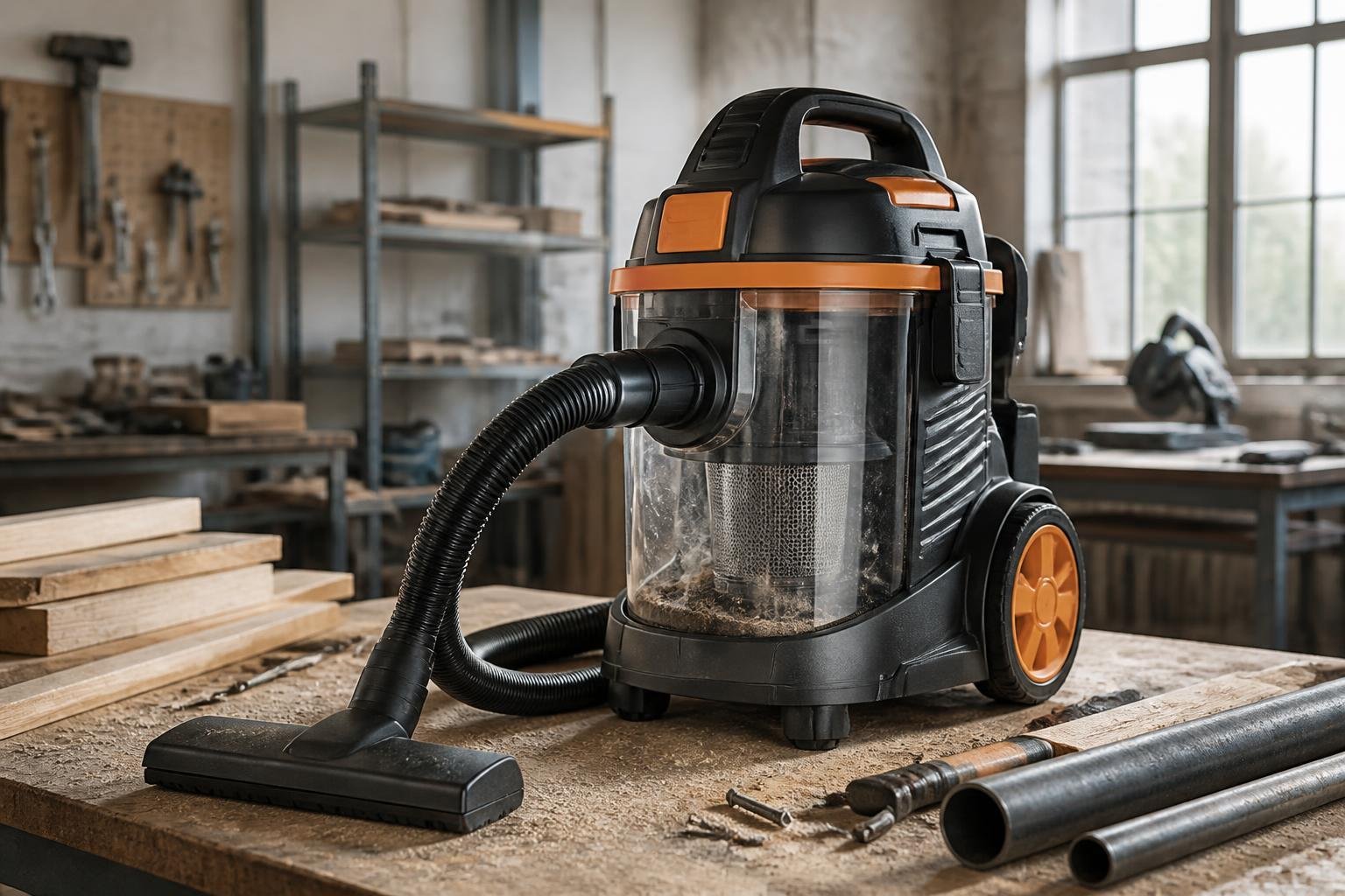 Aspirateur de chantier posé sur un établi dans un atelier avec des outils et matériaux de construction.